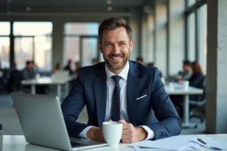 Portrait professionnel d'un expert en costume marine assis à son bureau dans un open space moderne, illustrant un profil de compétences et de contact