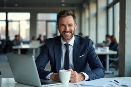 Portrait professionnel d'un expert en costume marine assis à son bureau dans un open space moderne, illustrant un profil de compétences et de contact