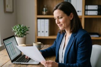 Cheffe de TPE comparant des factures papier et dématérialisées sur son ordinateur portable dans un bureau professionnel