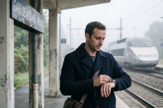Un homme en manteau navy attendant son train à la gare frontalière franco-belge pour rejoindre Bruxelles