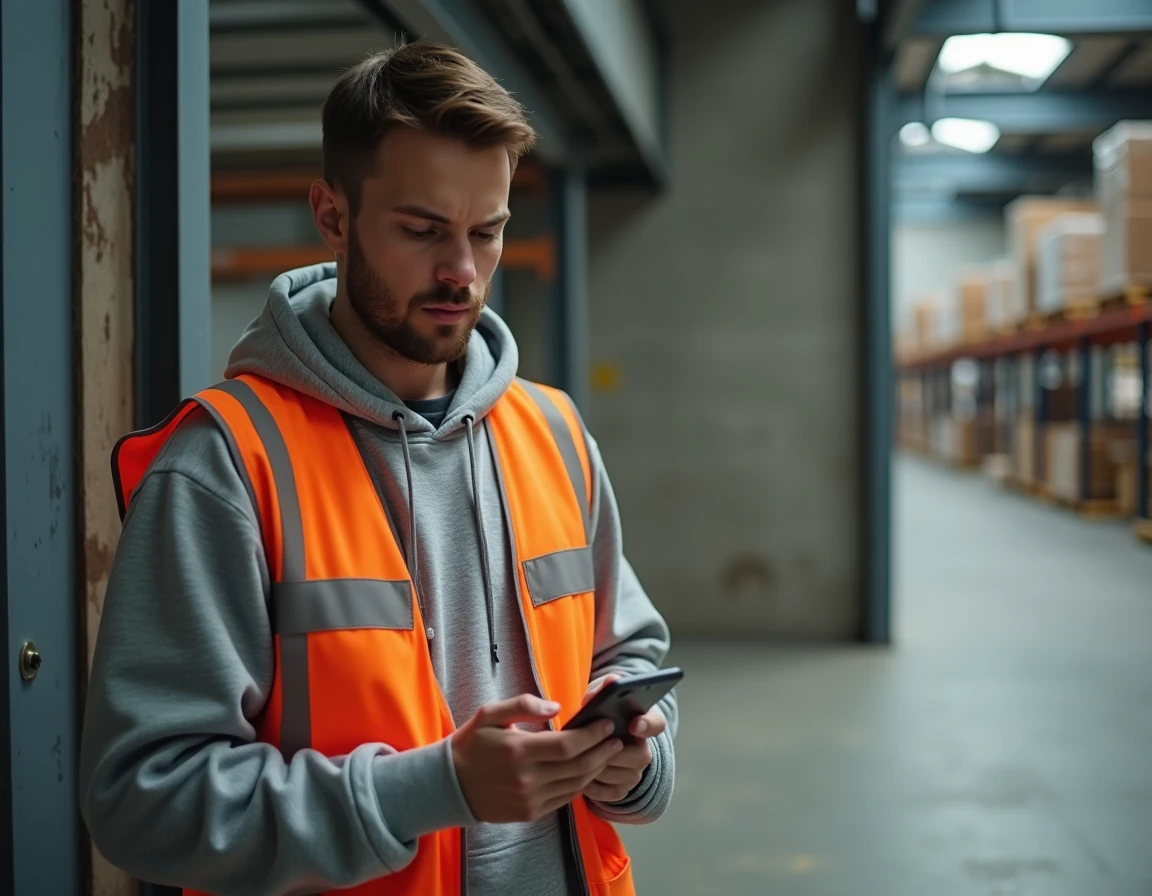 Travailleur intérimaire en entrepôt vérifiant ses documents RH sur smartphone via MyPeopleDoc