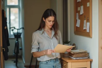 Jeune femme triant le courrier d'une colocation dans un couloir d'entrée partagé