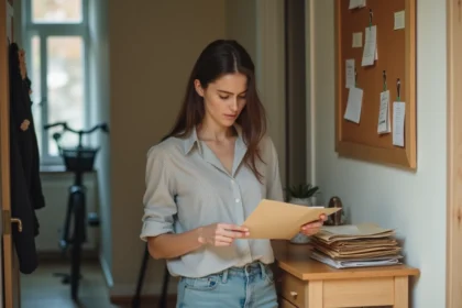 Jeune femme triant le courrier d'une colocation dans un couloir d'entrée partagé