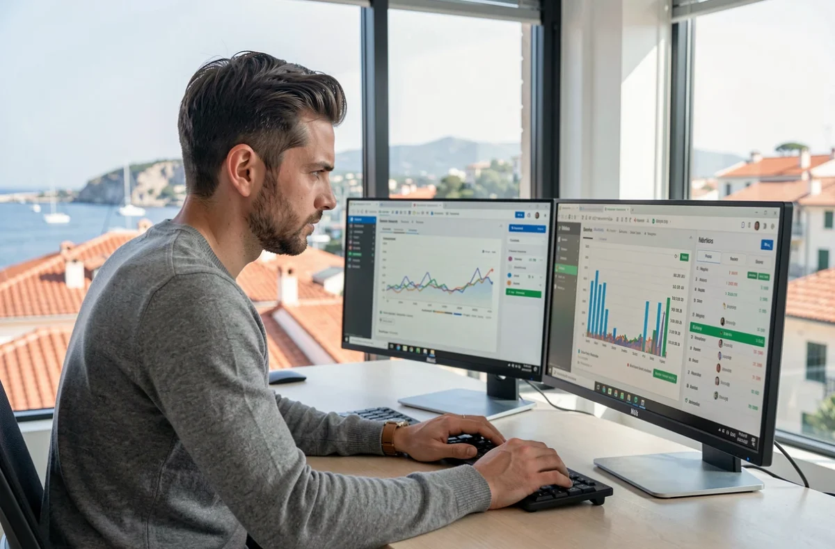 Spécialiste SEO masculin analysant des données de référencement et d'optimisation locale sur double écran dans une agence moderne à Nice avec vue sur la Baie des Anges