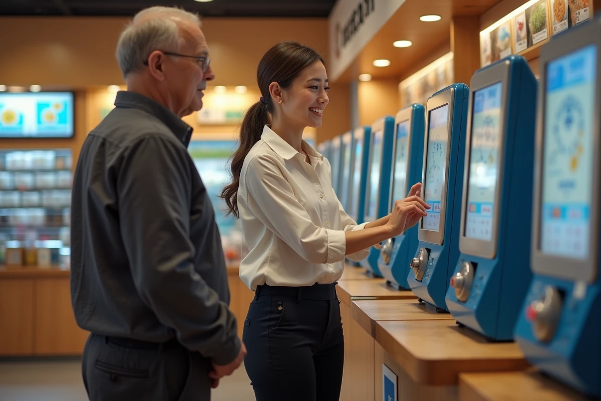 Vendeuse aidant un client âgé avec un terminal de loterie