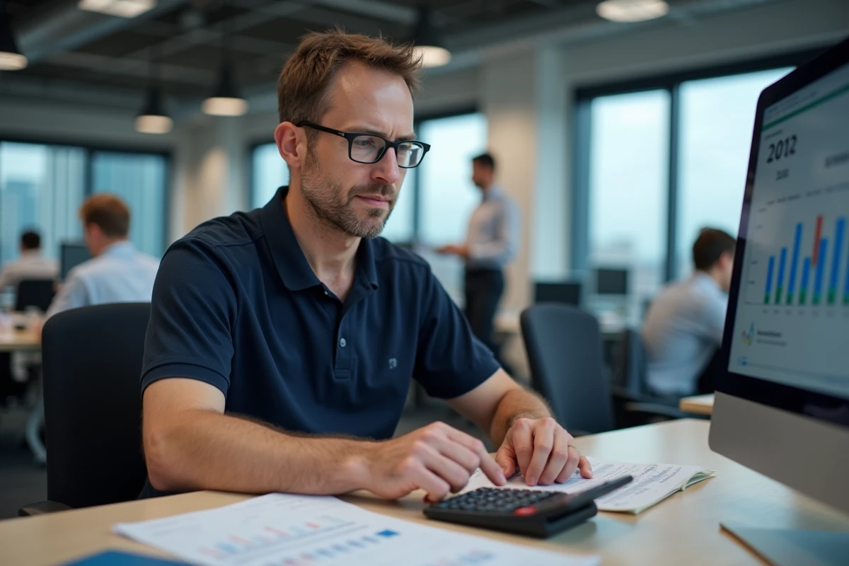 Homme en open space calculant ses heures de travail sur une feuille de temps pour vérifier son salaire net mensuel