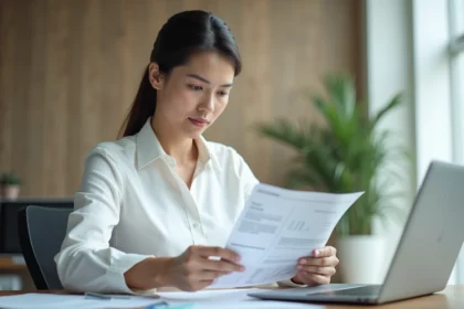 Professionnelle vérifiant son numéro D-U-N-S sur des documents d'entreprise dans un bureau moderne