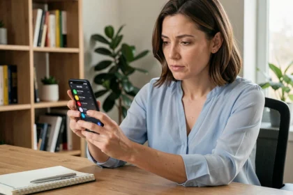 Femme vérifiant un numéro de téléphone inconnu sur son smartphone dans un bureau à domicile