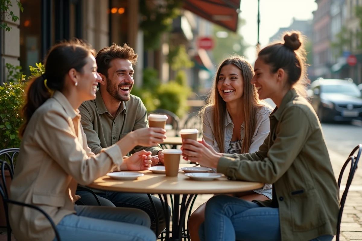 Femme travaillant en 5x8 contrainte de quitter une réunion entre amis en terrasse de café pour prendre son poste de nuit