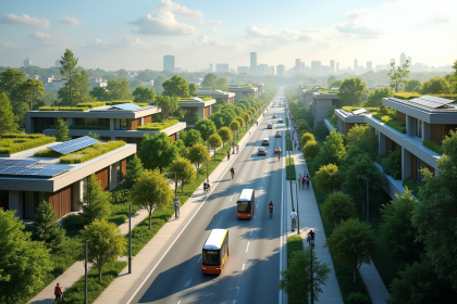 Ville écologique moderne avec toits verts et panneaux solaires