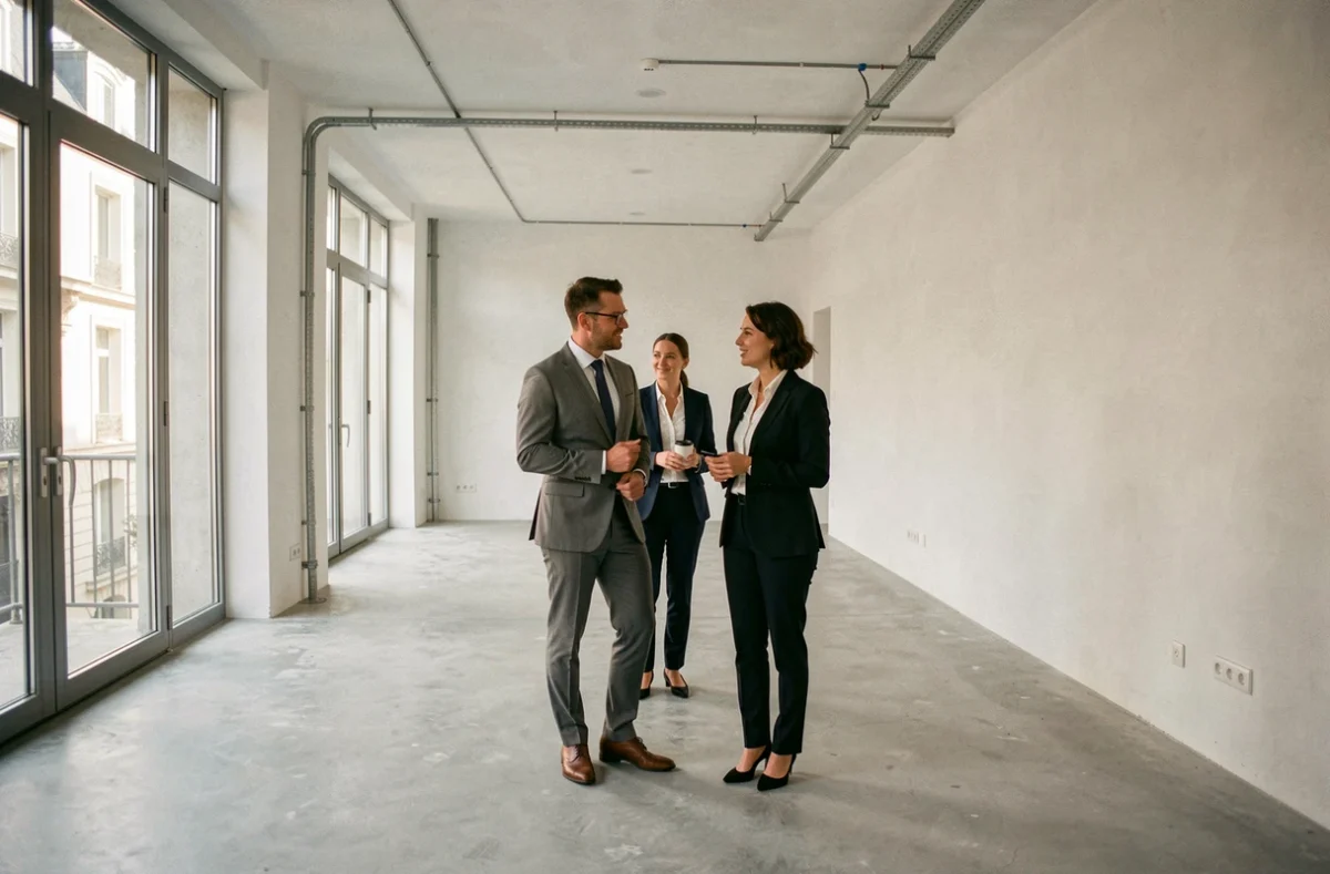 Agent immobilier présentant un bureau vide à louer à des entrepreneurs dans un immeuble commercial de Beauvais